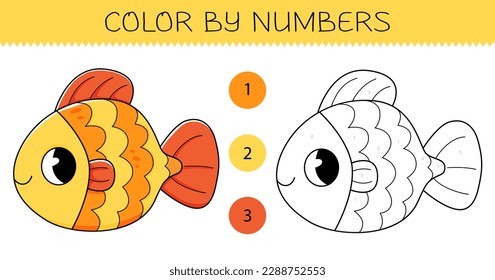 Color by numbers coloring book for kids with cute goldfish. Coloring page with cartoon fish with an example for coloring. Monochrome and color versions. Vector illustration