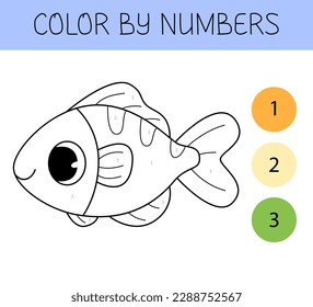 Color by numbers coloring book for kids with fish. Coloring page with cute cartoon fish. Monochrome black and white. Vector illustration