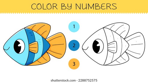 Color by numbers coloring book for kids with cute fish. Coloring page with cartoon fish with an example for coloring. Monochrome and color versions. Vector illustration.