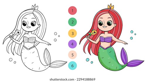 Color by numbers coloring book for kids with cute mermaid. Coloring page with cartoon mermaid with an example for coloring. Monochrome and color versions. Vector illustration.