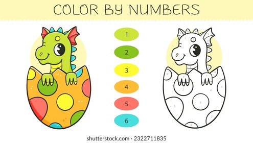 Color by numbers coloring book for kids with cute dragon in the egg. Coloring page with cartoon dragon with an example for coloring. Monochrome and color versions. Vector illustration