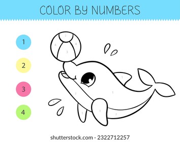 Color by numbers coloring book for kids with cute dolphin with ball. Coloring page with cartoon dolphin. Monochrome black and white. Vector illustration