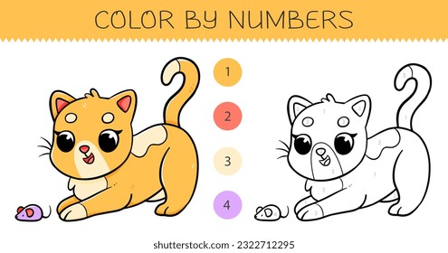 Color by numbers coloring book for kids with cute cat. Coloring page with cartoon cat with an example for coloring. Monochrome and color versions. Vector illustration