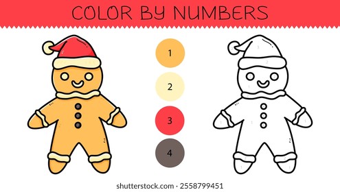 Color by numbers coloring book for kids with cute gingerbread man. Coloring page with cartoon gingerbread with an example for coloring. Black and white and color versions. Vector illustration.