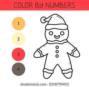 Color by numbers coloring book for kids with cute gingerbread man. Coloring page with cartoon gingerbread with an example for coloring. Black and white and color versions. Vector illustration.