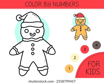 Color by numbers coloring book for kids with cute gingerbread man. Coloring page with cartoon gingerbread with an example for coloring. Black and white and color versions. Vector illustration.