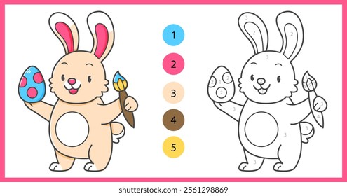 Color by numbers coloring book for kids with cute rabbit with Easter egg. Coloring page with cartoon bunny with an example for coloring. Black and white and color versions. Vector illustration.