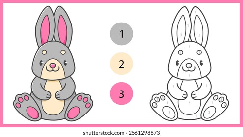 Color by numbers coloring book for kids with cute rabbit. Coloring page with cartoon bunny with an example for coloring. Black and white and color versions. Vector illustration.