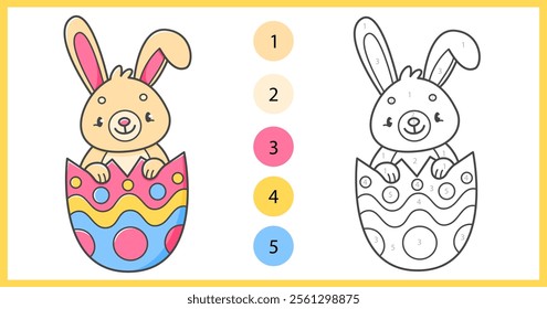 Color by numbers coloring book for kids with cute rabbit in the Easter egg. Coloring page with cartoon bunny with an example for coloring. Black and white and color versions. Vector illustration.