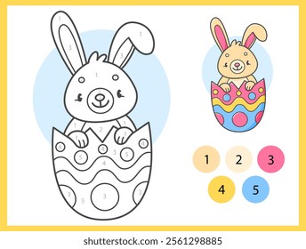 Color by numbers coloring book for kids with cute rabbit in the Easter egg. Coloring page with cartoon bunny with an example for coloring. Black and white and color versions. Vector illustration.