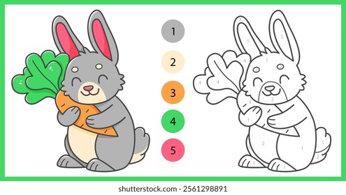 Color by numbers coloring book for kids with cute rabbit with carrot. Coloring page with cartoon bunny with an example for coloring. Black and white and color versions. Vector illustration.