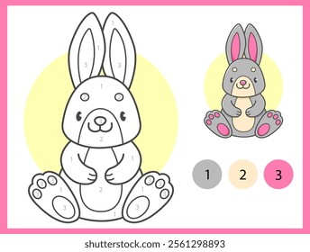 Color by numbers coloring book for kids with cute rabbit. Coloring page with cartoon bunny with an example for coloring. Black and white and color versions. Vector illustration.