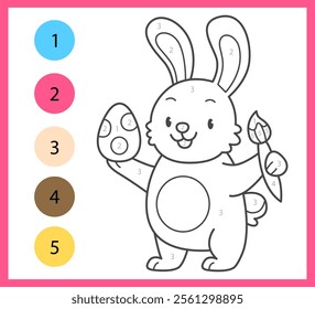 Color by numbers coloring book for kids with cute rabbit with Easter egg. Coloring page with cartoon bunny. Vector illustration.