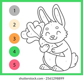 Color by numbers coloring book for kids with cute rabbit with carrot. Coloring page with cartoon bunny. Vector illustration.