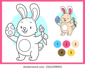 Color by numbers coloring book for kids with cute rabbit with Easter egg. Coloring page with cartoon bunny with an example for coloring. Black and white and color versions. Vector illustration.