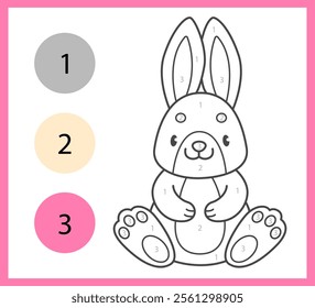 Color by numbers coloring book for kids with cute rabbit. Coloring page with cartoon bunny. Vector illustration.