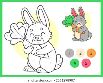 Color by numbers coloring book for kids with cute rabbit with carrot. Coloring page with cartoon bunny with an example for coloring. Black and white and color versions. Vector illustration.