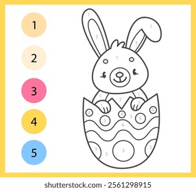 Color by numbers coloring book for kids with cute rabbit in the Easter egg. Coloring page with cartoon bunny. Vector illustration.