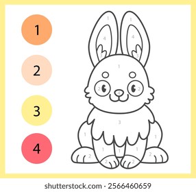 Color by numbers coloring book for kids with cute ginger rabbit. Coloring page with cartoon bunny with an example for coloring. Black and white and color versions. Vector illustration.