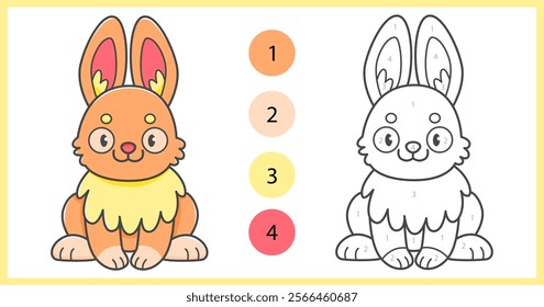 Color by numbers coloring book for kids with cute ginger rabbit. Coloring page with cartoon bunny with an example for coloring. Black and white and color versions. Vector illustration.