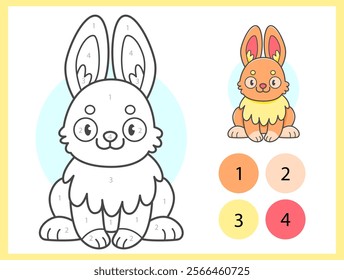 Color by numbers coloring book for kids with cute ginger rabbit. Coloring page with cartoon bunny with an example for coloring. Black and white and color versions. Vector illustration.