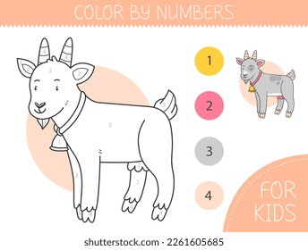 Color by numbers coloring page for kids with goat. Coloring book with cute cartoon goat with an example for coloring. Monochrome and color versions. Vector illustration.