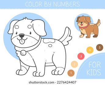 Color by numbers coloring page for kids with dog. Coloring book with cute cartoon puppy with an example for coloring. Monochrome and color versions. Vector illustration