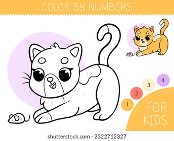 Color by numbers coloring page for kids with cute cat. Coloring book with cartoon cat with an example for coloring. Monochrome and color versions. Vector illustration