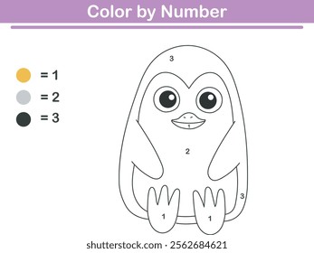 Color by numbers. Coloring page for kids. Coloring with cute penguins. Vector illustration