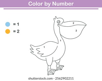 Color by numbers. Coloring page for kids. Coloring with cute pelicans. Vector illustration