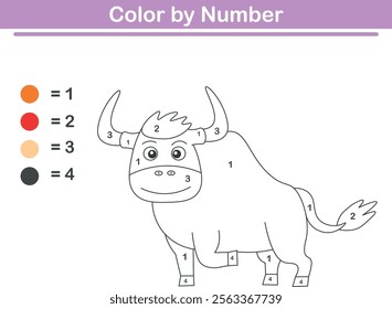 Color by numbers. Coloring page for kids. Coloring with cute bull. Vector illustration