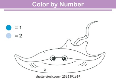 Color by numbers. Coloring page for kids. Coloring with cute stingrays. Vector illustration