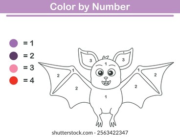 Color by numbers. Coloring page for kids. Coloring with cute bats. Vector illustration