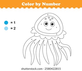 Color by numbers. Coloring page for kids. Coloring with cute jellyfish. Vector illustration