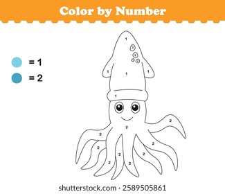 Color by numbers. Coloring page for kids. Coloring with cute squid. Vector illustration