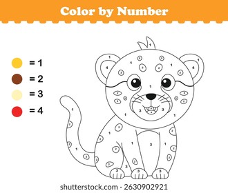 Color by numbers. Coloring page for kids. Coloring with cute cheetah. Vector illustration