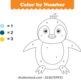 Color by numbers. Coloring page for kids. Coloring with cute penguin. Vector illustration