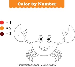 Color by numbers. Coloring page for kids. Coloring with cute crab. Vector illustration