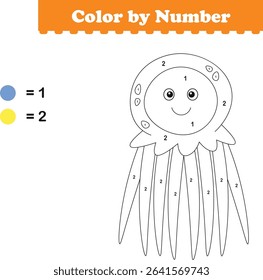 Color by numbers. Coloring page for kids. Coloring with cute jellyfish. Vector illustration