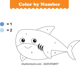 Color by numbers. Coloring page for kids. Coloring with cute shark. Vector illustration