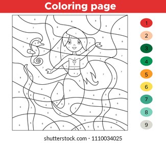 Color by numbers. Cute cartoon mermaid and seahorse. Educational game for children. Activity printable worksheet. Vector illustration