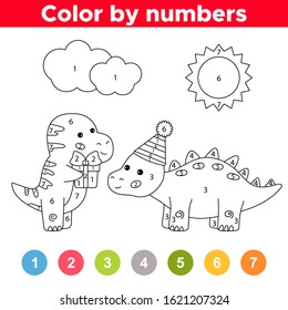 Color by numbers. Cute cartoon kawaii dinosaurs. Birthday theme. Educational game for preschool children.