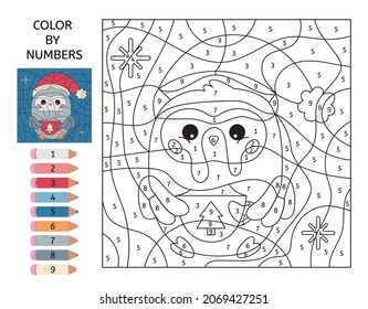 Color by numbers. Cute owl with hot chocolate in mug. Christmas coloring page. Educational game for preschool kids. Activity worksheet. Learn numbers. Kawaii forest animal.