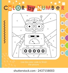 Farbe nach Zahlen - niedlicher Roboter. Aktivitäten für Kinder.  Logikspiele für Kinder. Seite färben. Spiele und Aktivitäten für Kinder. Vektorgrafik. Quadratisches Format.