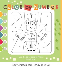 Color by numbers – cute robot. Drawing games for children. Coloring page. Games and activities for kids. Vector illustration. Square format.