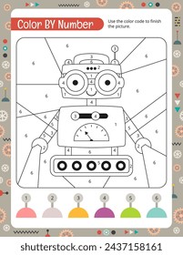 Color by numbers – cute robot. Drawing games for children. Coloring page. Games and activities for kids. Vector illustration.