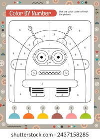 Color by numbers – Cute robot. Robots activities for kids. Logic games for children. Coloring page. Vector illustration.