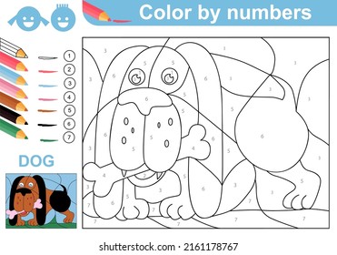 Color by Numbers.  Dog with bone. Coloring puzzle with numbers for kids. Coloring page. Worksheet at school or home. Sketch. Vector. Printable page for kids