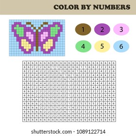 Color by numbers, education game for children. Coloring book with numbered squares. Drawing kids activity. Butterfly
