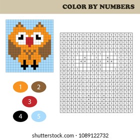 Color by numbers, education game for children. Coloring book with numbered squares. Drawing kids activity. Owl.